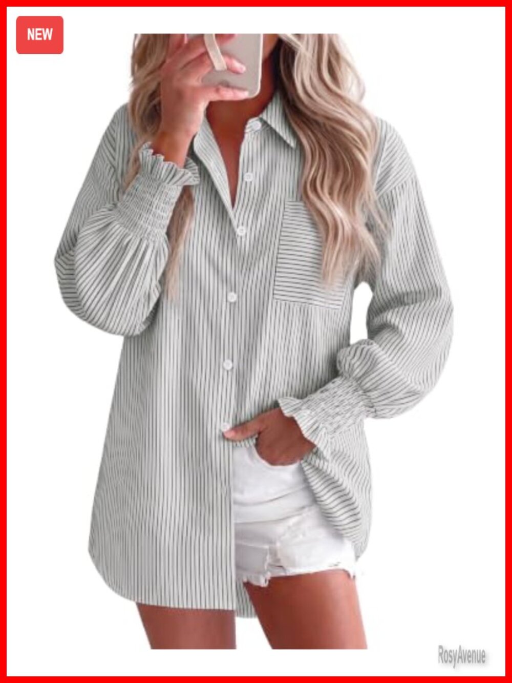 Womens Oversized Button Down Shirt Smocked Cuff Long Sleeve Blouse